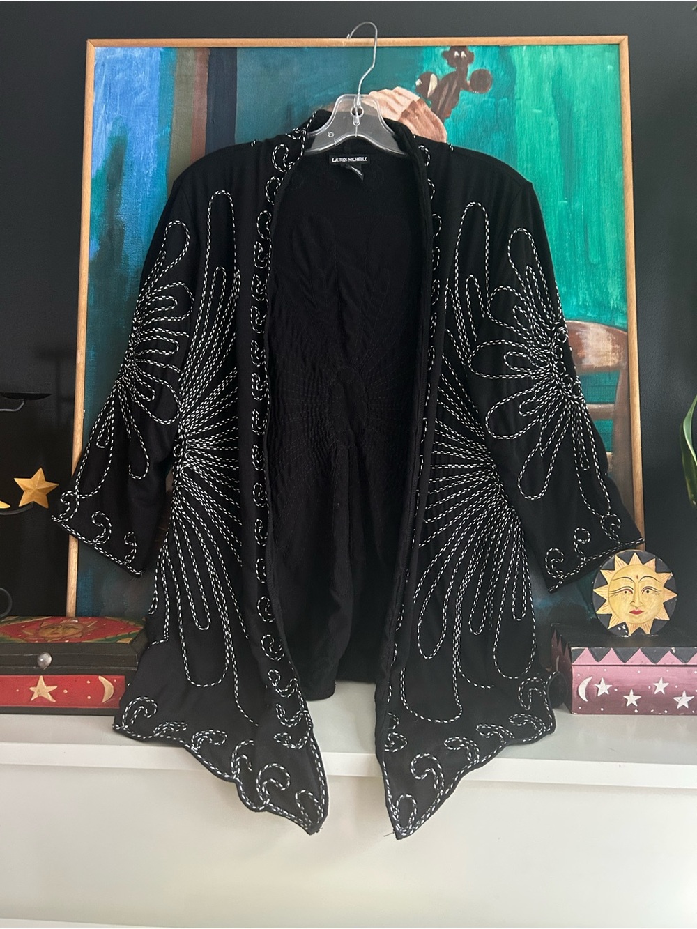 Lauren Michelle Black Soutache Embroidered Kimono Cardigan Size Large